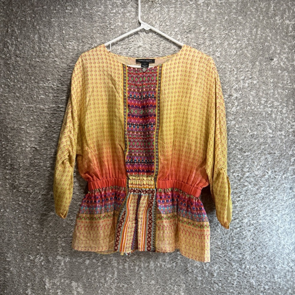 Tanvi Kedia Popover Blouse Embellished Beaded Size S Boho Preppy Aztec